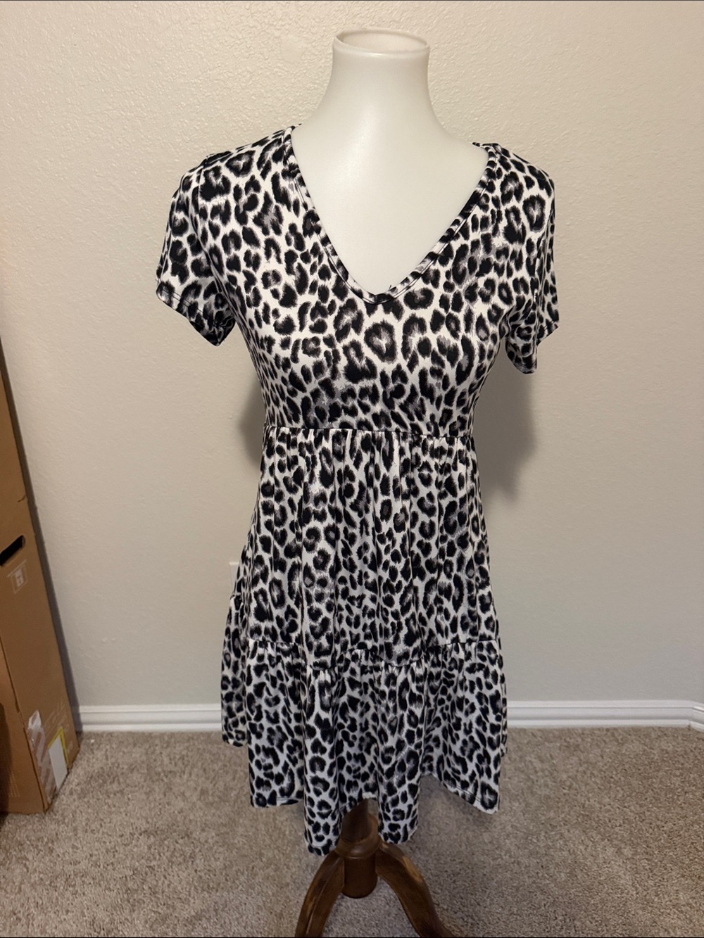 Francesca's Collections Black & White Leopard Print V-Neck Mini Dress